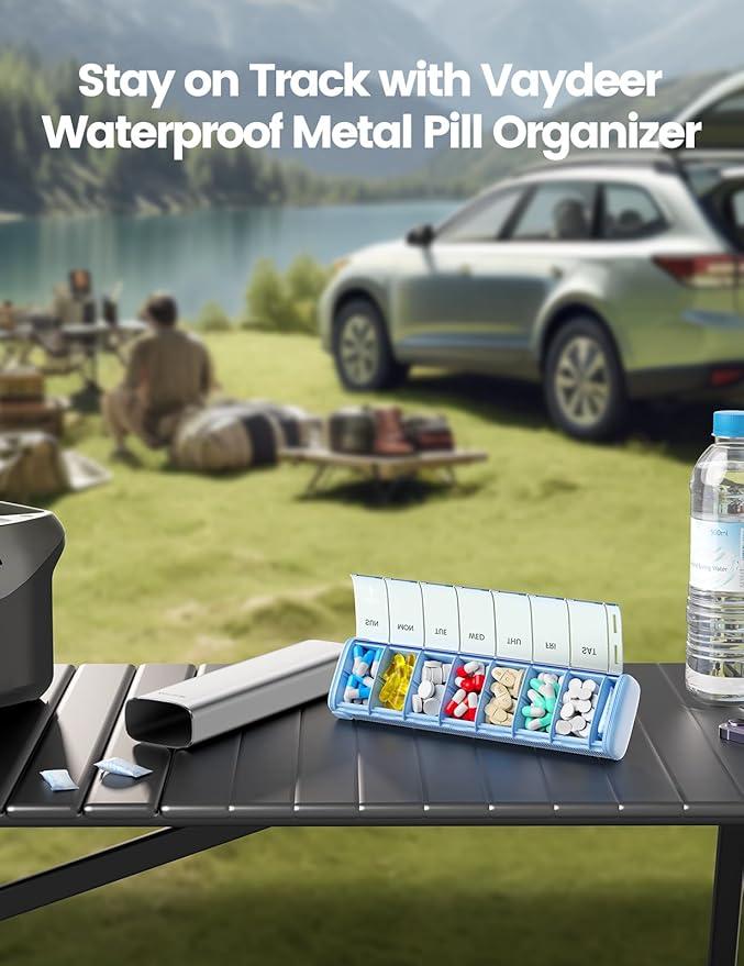 VAYDEER Metal Weekly Pill Organizer – Moisture-Proof Travel Pill Organizer with Built-in Desiccant Chamber and Airtight Lids – Large-Capacity Pill Box for Vitamins, Medicines & Supplements (Rose Gold)