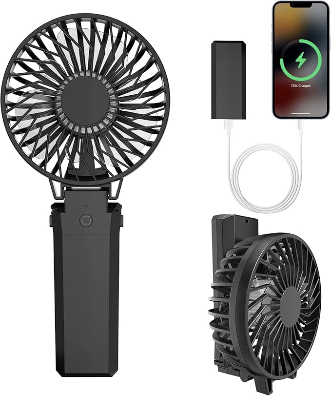HandFan 5200mAh Portable Fan Handheld, 6 Speeds Hand Held Fan 180° Foldable Personal, Battery Operated USB Rechargeable, Handle Separate Design for Travel/School/Outdoors/Indoors (6 Speeds Black)