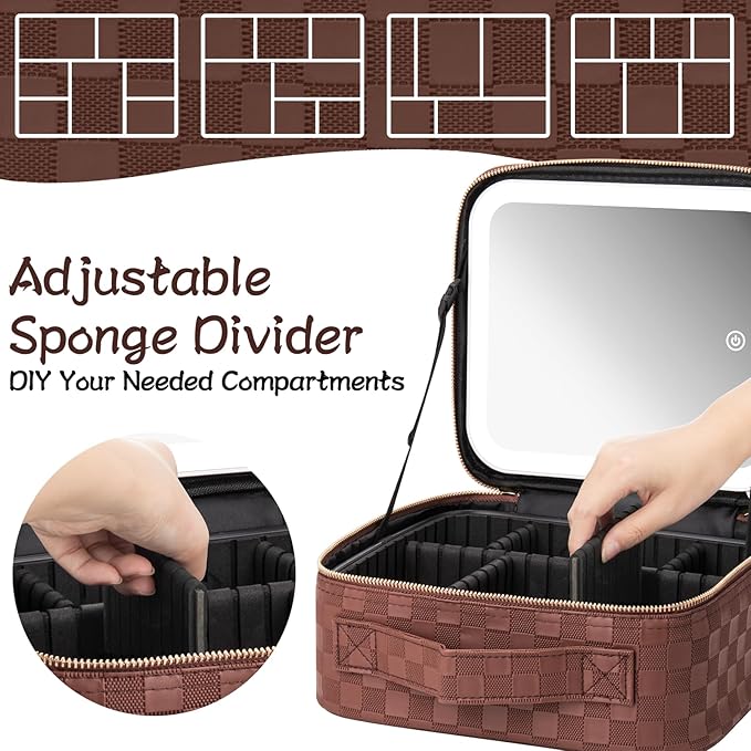 Makeup Travel Train Case with Mirror LED Light 3 Adjustable Brightness Large Cosmetic Bag Portable Storage Adjustable Partition Waterproof Makeup Brushes Make up Jewelry Gift for Women