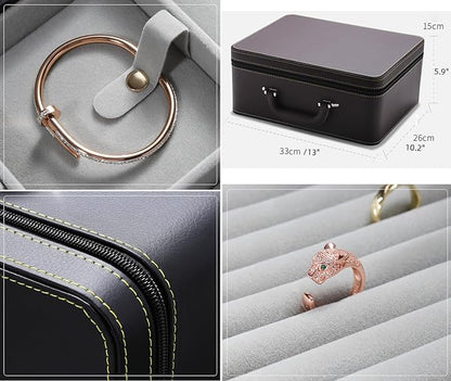 Jewelry Trays stacks Carriable with Handle Zipper Large Box Organizer Faux-Leather Accessory Case Storage(L3-BR)