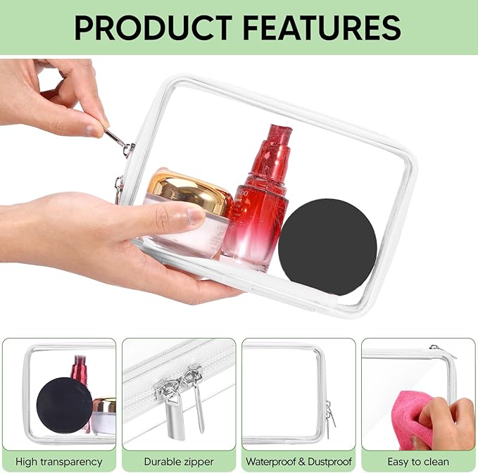 2 Pcs Clear Hard Zipper Case, Hard PC Plastic Cosmetic Travel Bag, Portable Travel Organizer Bins, Durable Makeup Bags for Toy Storage, Pencil Case(White Zipper)