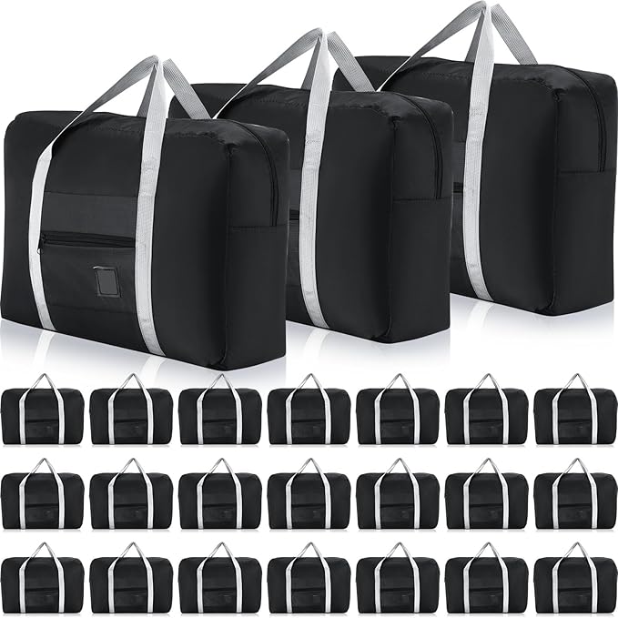 Sweetude 24 Pcs Travel Duffel Bags Bulk Foldable Luggage Bag Women Men Waterproof Carry Tote with Trolley Sleeve for Gym, Overnight, Airlines(Black)