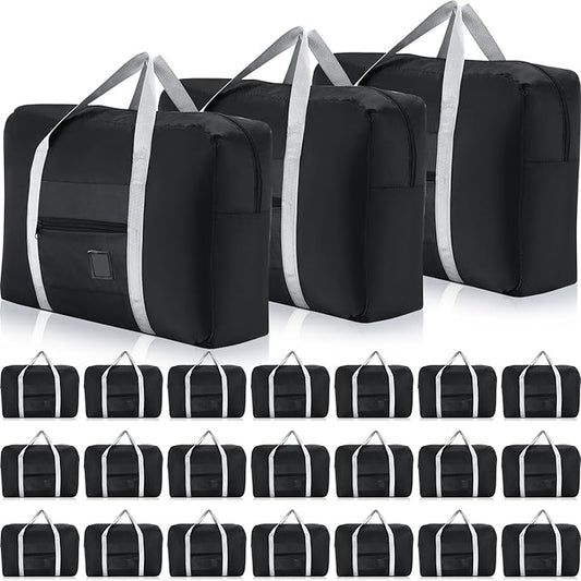 Sweetude 24 Pcs Travel Duffel Bags Bulk Foldable Luggage Bag Women Men Waterproof Carry Tote with Trolley Sleeve for Gym, Overnight, Airlines(Black)
