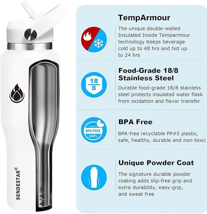 SENDESTAR 40oz Water Bottle Wide Mouth Stainless Steel Vacuum Insulated Double Wall with Straw Lids Fit in Any Car Cup Holder