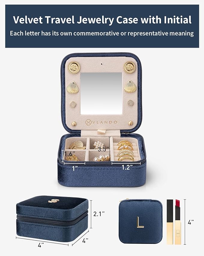 Vlando Travel Jewelry Case for Women Girls, L Initial Travel Jewelry Case, Small Jewelry Travel Case, Birthday Gifts for Women Mom Grandma - Letter L, Dark Blue