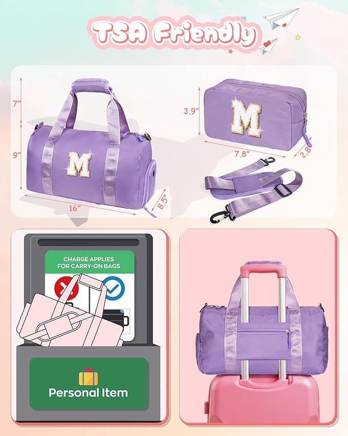 Granddaughter Gift from Grandmom-Girl Gym Bag with Shoe Compartment, Kid Personalized Weekender Overnight Bags, Initial Travel Tote with Makeup Pouch, Easter Gifts for Teen (Letter C)