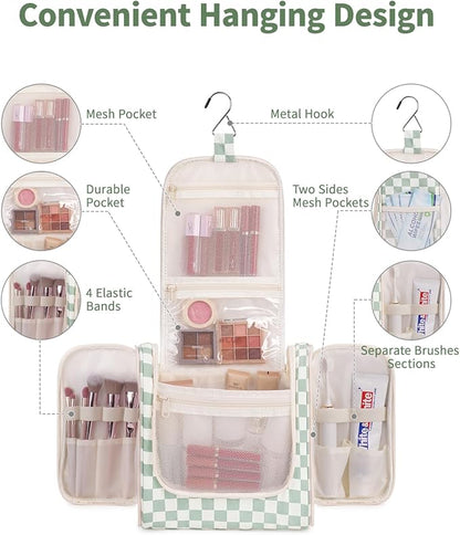 Narwey Checked Hanging Travel Toiletry Bag for Women, Travel Bag for Toiletries, Makeup Bag Organizer Cosmetic Bags Make Up Bags for Women (Mint Green Checkerboard)