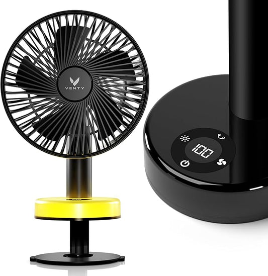 VENTY Portable Clip Fan - Rechargeable 10-Hour Battery Portable Fan - 360° Rotation & 90° Tilt - Stroller, Desk or Bedside - Aromatherapy & LED Light - USB-C Rechargeable Clip On