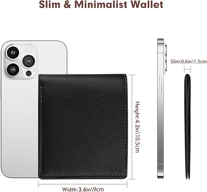 Genuine Leather Slim Bifold Wallet for Men, RFID Blocking Minimalist Design with ID Window and 6 Card Slots (Black)