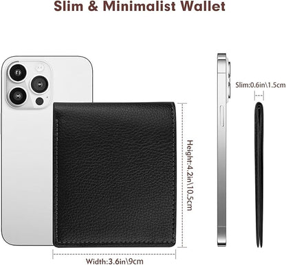 Genuine Leather Slim Bifold Wallet for Men, RFID Blocking Minimalist Design with ID Window and 6 Card Slots (Black)