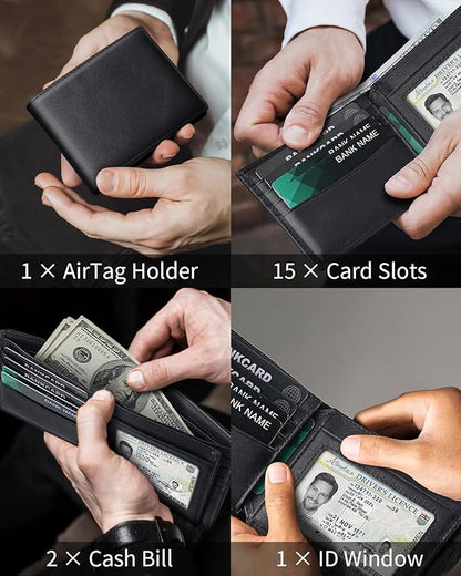 Mens Genuine Leather Bifold RFID Blocking Wallet with 14 Card Slots, ID Window & 2 Cash Pocket - Includes Gift Box