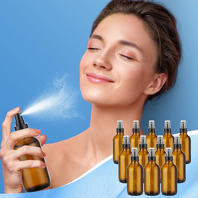 Fumete 36 Pcs Glass Spray Bottles 4oz Fine Mist Glass Spray Bottle Refillable Liquid Containers with 6 Labels 6 Funnel for Hair Travel Plants Cleaning Solutions Skin Care(Amber,Classic)