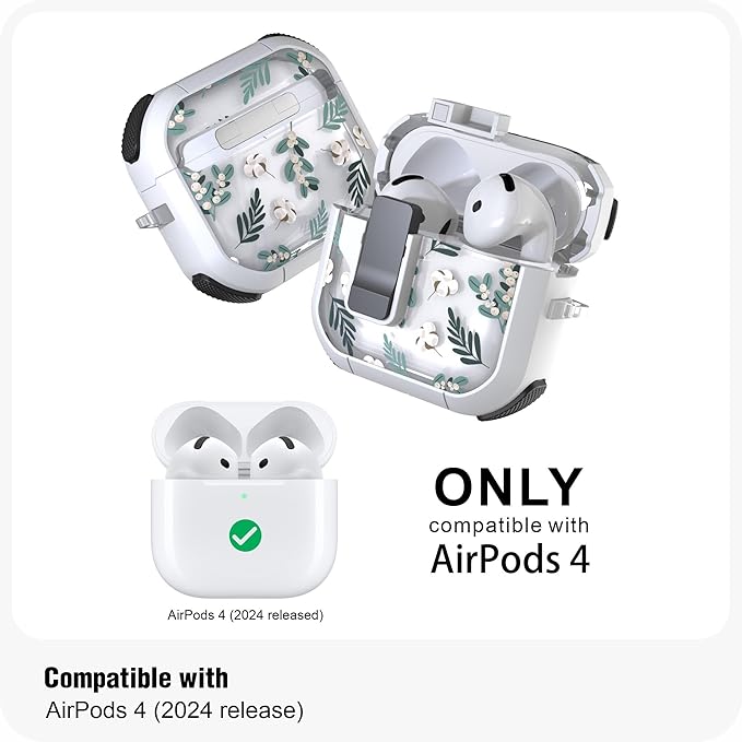 WENEW Case for AirPods 4th Case Cover Secure Lock Automatic Snap Switch Clip Cleaner Kit Lanyard Women Stylish Flower Armour Hard Shell Full Body Front LED Visible (Green Leaves, AirPods 4th)