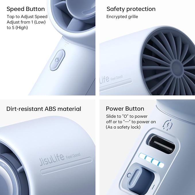 JISULIFE Portable Handheld Fan, 4000mAh Rechargeable Mini,Up to 22 Hours Cooling,5 Speed Strong Wind, USB Personal Fan for Travel Outdoor Camping Beach Makeup（Blue）