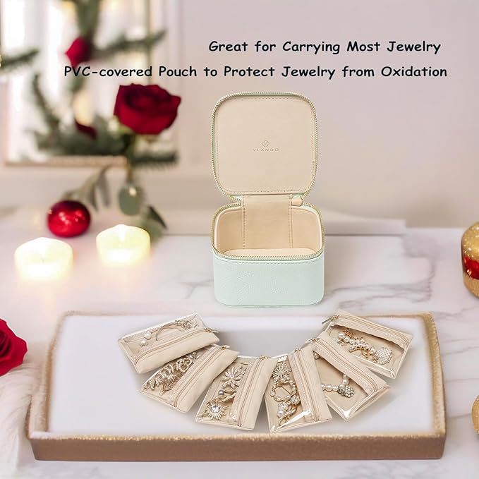 Vlando Travel Jewelry Box Organizer - 6 Small Velvet Zipped Pouches Pockets for Jewelries Necklaces Rings Earrings Sorting Storage, Menthol Mambo