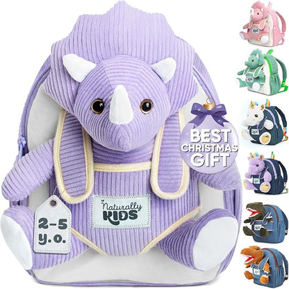 Naturally KIDS Purple Dinosaur Toys for Girls, Triceratops Toy, Dinosaur Gifts for 2 3 Year Old Girls, Toddler Backpack