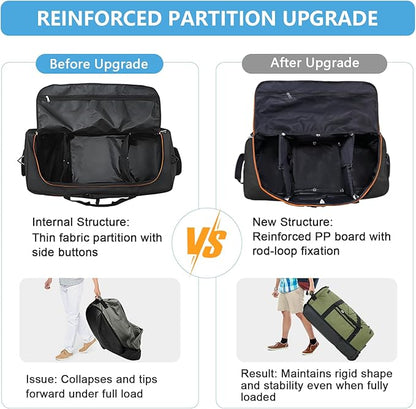 Vomgomfom Wheeled Collapsible Duffel Bag,110L-140L Expandable Checked Luggage, No-Telescopic-Handle with Anti-Burst Zipper & Reinforced Frame,Black-orange