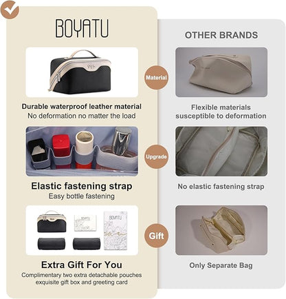 BOYATU Travel Makeup Bag Organizer Cosmetic Bag: 3 Pcs Set Make up Bags for Women with Handle - Waterproof Vegan Leather Toiletry Bags Travel Essentials Pouch with Compartments (04-Black)