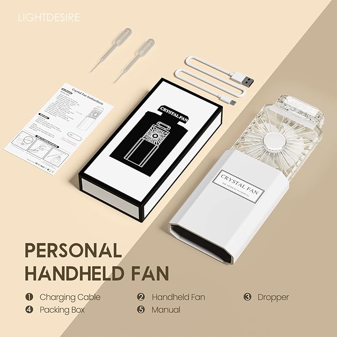 LIGHTDESIRE Handheld Fan with Crystal Stones, Mini Personal Fan Quiet Retractable, Cooling Portable Fan Rechargeable 3 Speeds Mode, Lady Small Fans for Desk Travel Makeup, Best Gifts for Women(White)