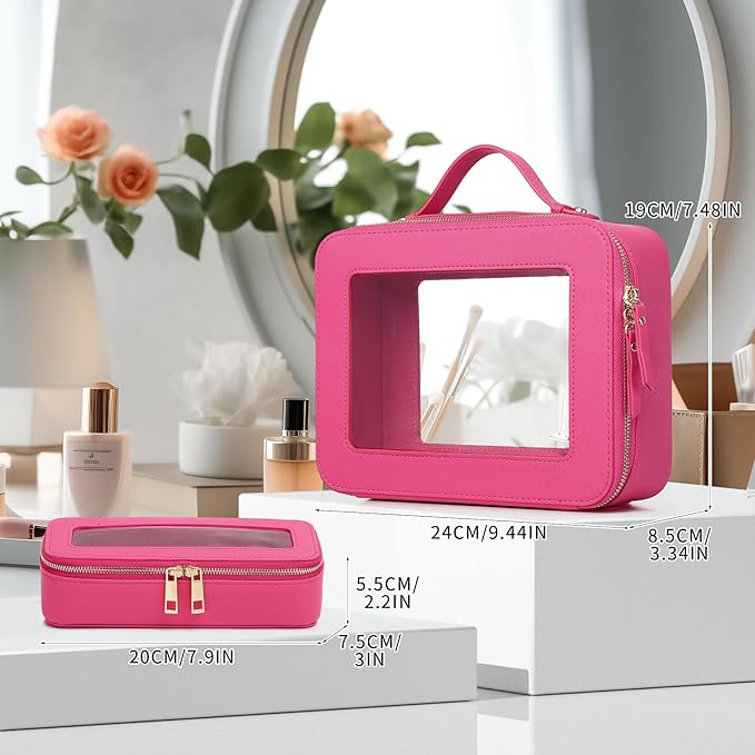 Pinkmik Clear Makeup Bag with Brush Bag 2pcs Waterproof Travel Case for Cosmetics and Toiletries Women's Cosmetic Organizer with Zipper (X/Fuxia, L+SLIM)
