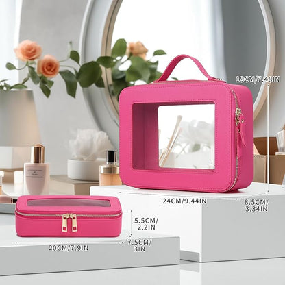 Pinkmik Clear Makeup Bag with Brush Bag 2pcs Waterproof Travel Case for Cosmetics and Toiletries Women's Cosmetic Organizer with Zipper (X/Fuxia, L+SLIM)