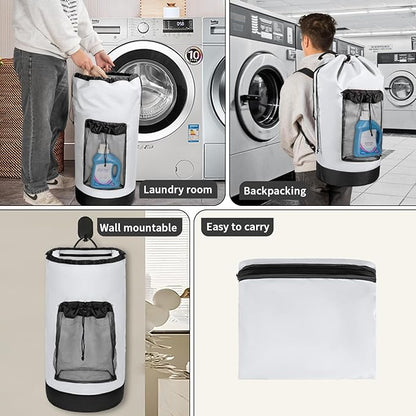 Laundry Bag Backpack with Shoulder Straps and Mesh Pocket Foldable Clothes Hamper Bag with Drawstring Closure for College, Apartment, Laundromat (White)