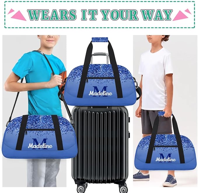 Personalized Kids Sports Duffel Bag with Name Custom Weekender Overnight Bag for Boys Girls Gym Bag Travel Dance Gymnastics Duffel Bag, Blue Glitter