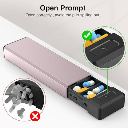 HEIYING Pill Organizer with Aluminum Shell for One Week Capacity, Portable 7 Compartments Pill Box Container to Hold Vitamin, Medicine, Supplements