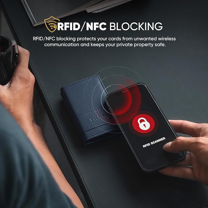 VULKIT Card Holder Bifold Pop Up Leather Wallet for Men RFID Blocking Metal Card Case, Holds 9 Cards and Banknotes Navy