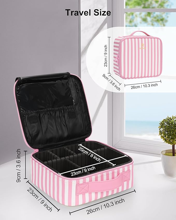 Relavel Travel Makeup Train Case, Cosmetic Case Makeup Organizer, Professional Artist Storage Bag with Adjustable Dividers for Cosmetics Brushes, Birthday Gifts for Girls and Women, Pink Stripe