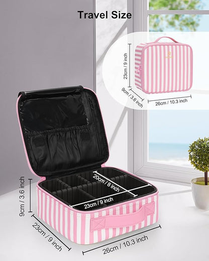 Relavel Travel Makeup Train Case, Cosmetic Case Makeup Organizer, Professional Artist Storage Bag with Adjustable Dividers for Cosmetics Brushes, Birthday Gifts for Girls and Women, Pink Stripe
