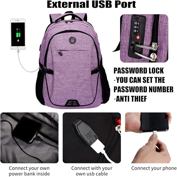 SHRRADOO Anti Theft Laptop Backpack Travel Backpacks with usb Charging Port for Women Men High School College Backpack Computer Bag Fits 17 Inch Laptop,Purple
