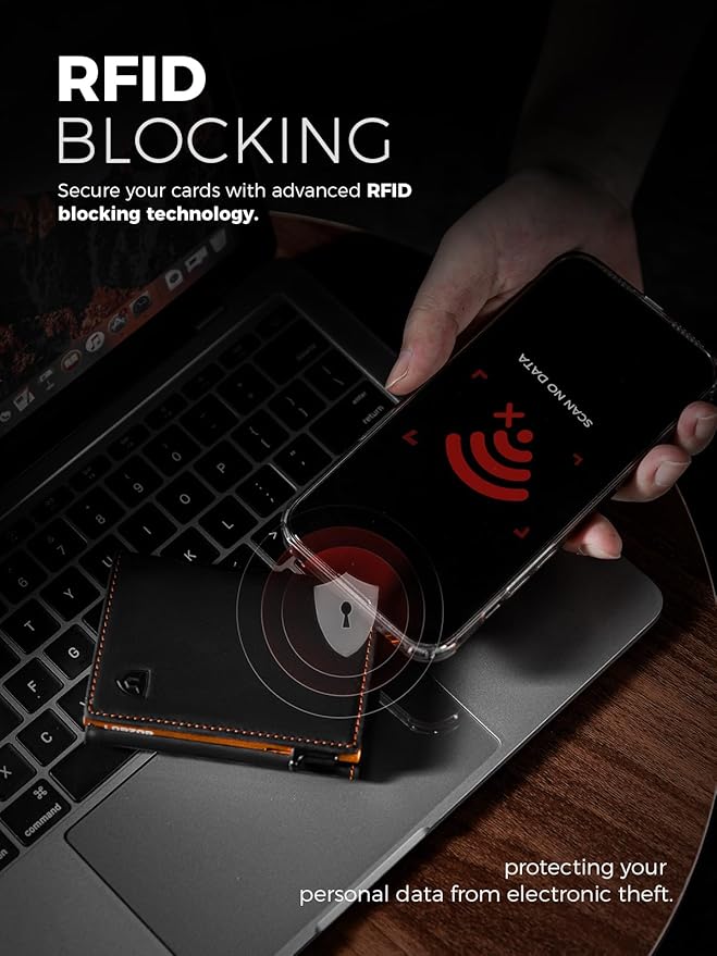 LORZOR Wallet for Men with Metal Card Holder, Pop Up Wallet, Finest Full Grain Leather Trifold Wallet, Smart, Minimalist, RFID Blocking, Front Pocket, ID Window, Black/Orange