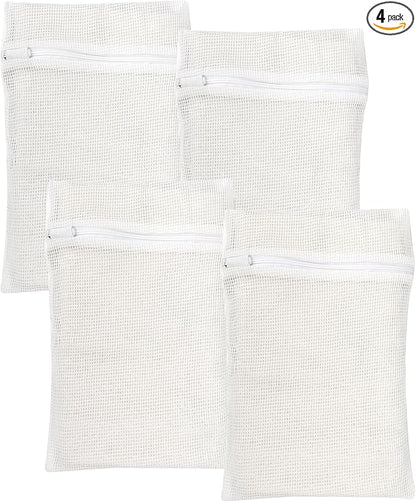4 Piece White Small, Durable Organic Cotton Mesh Laundry Bag with Strong Zipper and Breathable Mesh, Delicate Laundry Bag for Underwear, Clothes, Pants and Socks