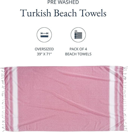 LANE LINEN Beach Towel Set of 4, Turkish Beach Towel Set, Pre-Washed Pool Towels, Quick Dry Travel Beach Towel, Extra Large Beach Towels Oversized, 39"x71" - Cashmere Rose