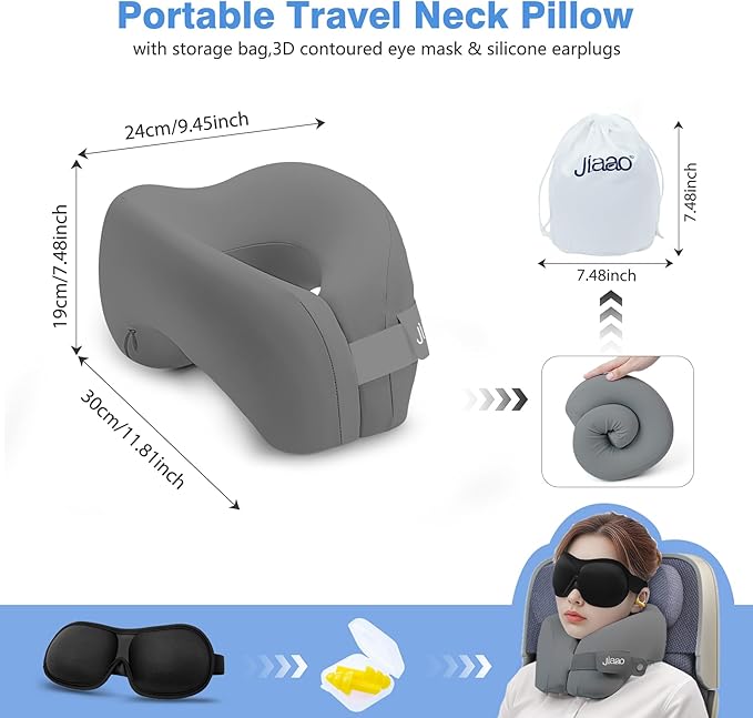 jiaao Neck Pillow Airplane, Memory Foam Travel Neck Pillows for Long Flight, 3D Eye Masks, Ear Plugs and Portable Drawstring Bag, Napping Pillow for Home, Road Trips, Sleep Rest and Travel Use