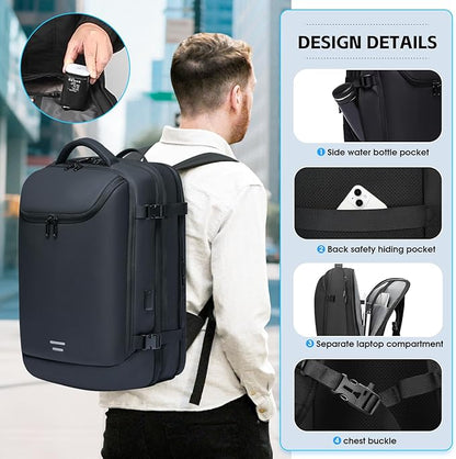 Vacuum Backpack Travel with Pump, 40L Expandable Carry on Compression Backpack Flight Approved for Women Men Fit 17 Inch Laptop with USB Charging Port Business Weekender