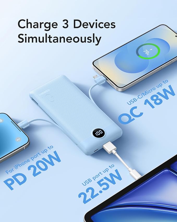 VRURC Portable Charger with Wall Plug and Cables, 10000mAh Power Bank with 22.5W Fast Charging USB Port,4 Outputs Dual Inputs Slim Compact Rechargeable Battery Pack Travel Accessories-Blue(1 Pack)