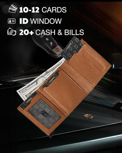 Jenoss Smart Wallet For Men: Full Grain Leather, Handcrafted, Slide Metal Pop Up Case, Slim RFID Blocking Credit Card Holder, Compact 12 Cards Slot Organizers, ID, Money Clip(Brown & Black)
