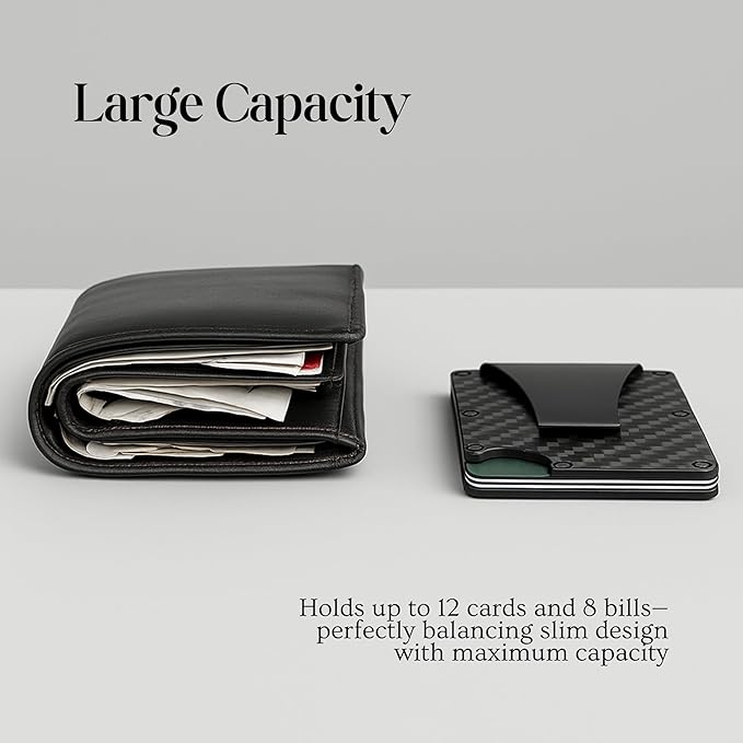 Carbon Fiber Wallet for Men Slim RFID Blocking Minimalist Card Holder with Money Clip, Scratch-Resistant Ultra-Light Metal Wallet, Compact Design, Gift Box Included