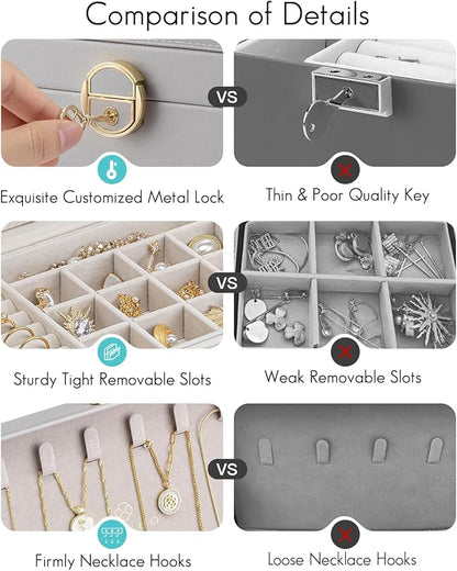 Vlando Jewelry Boxes for Women,2 Layers Jewelry Box with Lock,Birthday Gifts for Women Girls,Jewelry Organizers for Earrings Necklace,Rings Storage Grey