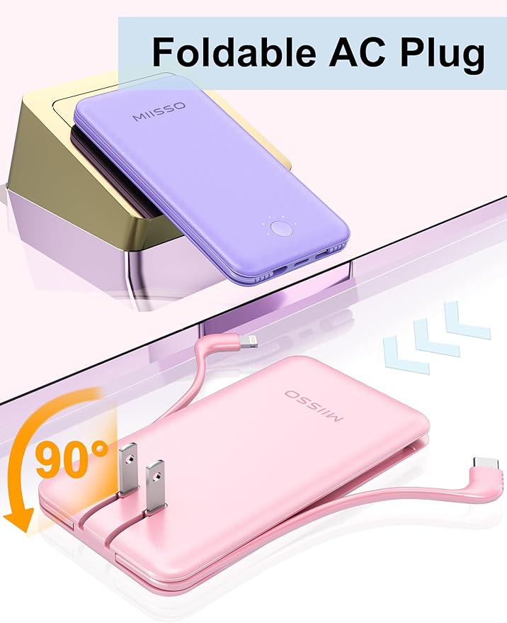 Ultra Slim 10000mAh Power Bank Built-in Cables and Foldable AC Wall Plug, Pocket Size USB C Portable Charger, External Battery Pack Compatible with iPhone Samsung iPad etc, Pink