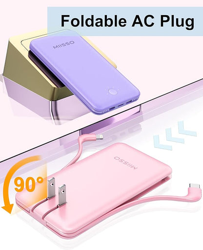 Ultra Slim 10000mAh Power Bank Built-in Cables and Foldable AC Wall Plug, Pocket Size USB C Portable Charger, External Battery Pack Compatible with iPhone Samsung iPad etc, Pink