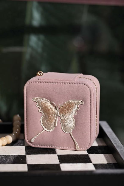 S.Leaf Travel Jewelry Organizer Boxes for Women Small Portable Necklace Earrings Bracelet Rings Travel Case Best Friend Birthday Gifts for Women Trendy (Butterfly_Pink_Gold)