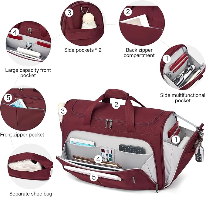 Hanke Carry On luggage Bags for Travel, Large Foldable Duffle Bag for Travel, Softside Lightweight Travel Bag Carry On Bags for Airplanes Women, Travel Tote Bags for Women Men.（Burgundy）