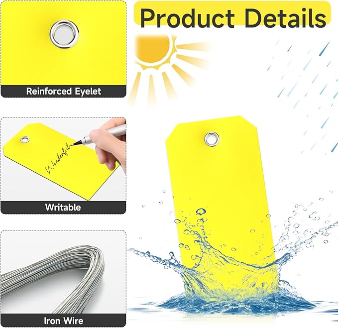 1000 Pieces Plastic Shipping Tags with wire Labeling Tags Waterproof Hang Tags with Reinforcement Hole Writable Luggage tag Loops for Equipment Inventory Parts Garage Storage (Yellow, 4 3/4" x 2 3/8")
