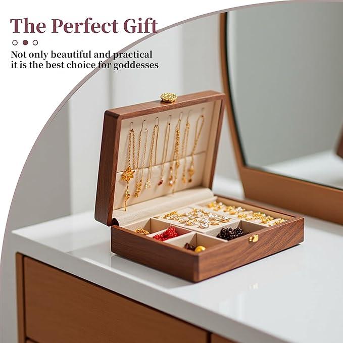 Travel Jewelry Case Small Wood Jewelry Organizer Jewelry Box for Women (Nut-Brown Print A)
