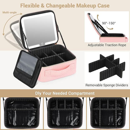 Travel Makeup Bag with Led Mirror Make up Case with Lighted Mirror Cosmetic Organizer bag with Adjustable Dividers and 5X Magnifying Mirror Makeup Box Vanity Case for Women