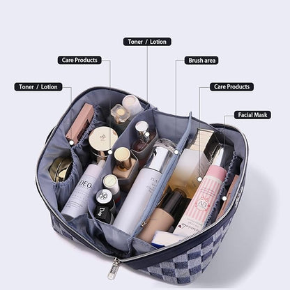 BOYATU Travel Makeup Bag for Women: Large Cosmetic Bag Set of 3 - PU Leather Make up Bag with Compartments - Compact Waterproof Toiletry Bag with Divider & Handle (D-5-Deep Blue)