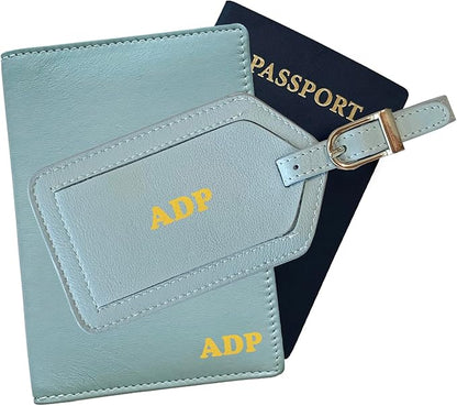 Personalized Monogrammed Chambray Leather RFID Passport Wallet and Luggage Tag